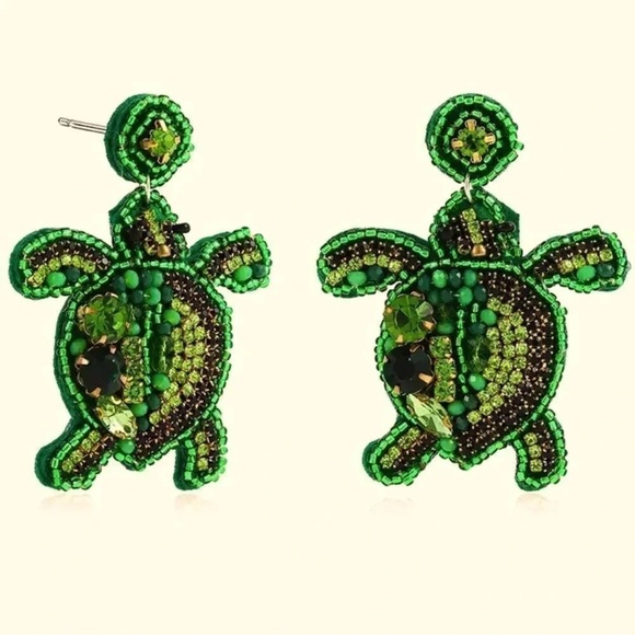 Betsey Johnson Green Turtle Ocean Beaded Crystal Drop Earrings - Picture 4 of 6